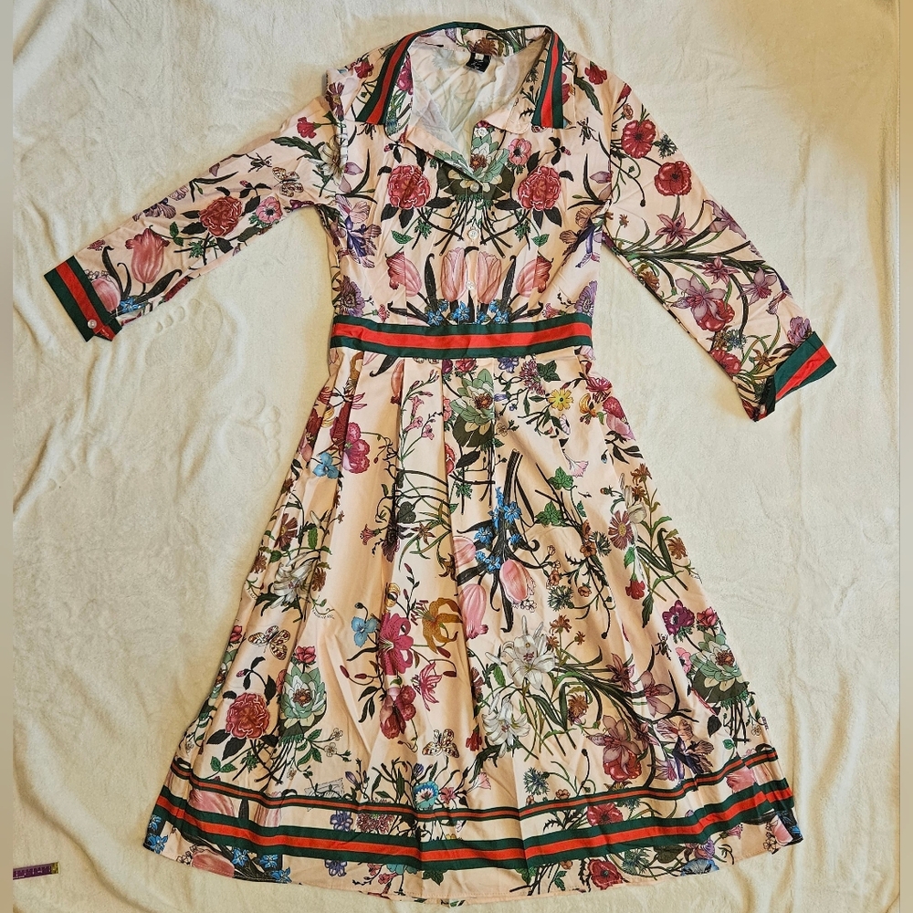 LAI MENG FIVE CATS Women's 3/4 Sleeve Floral Print Button Up A-line Flowy Dress - Picture 4 of 9